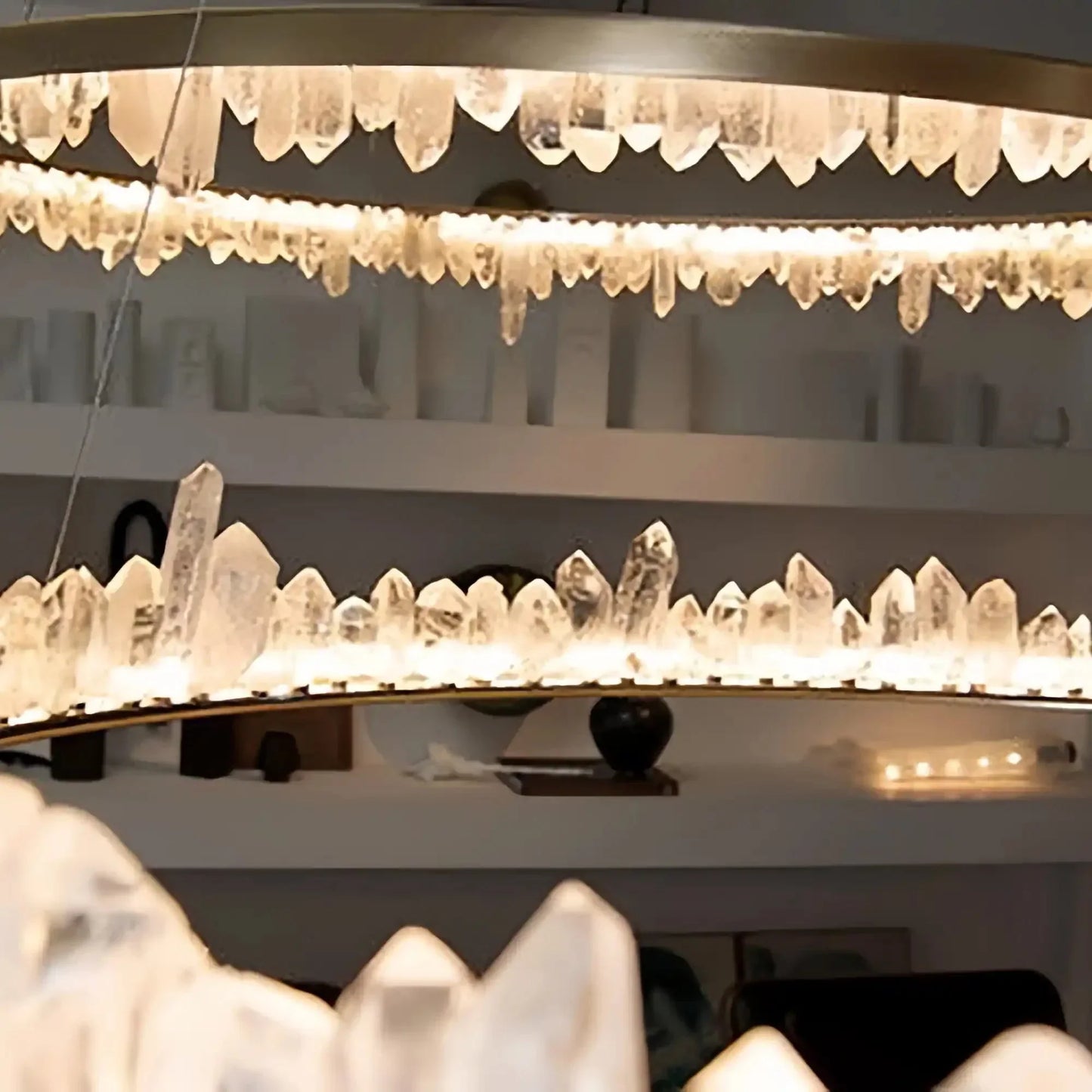 Round Modern Chandelier Brass & Clear Geode Quartz Crystal Hanging Light