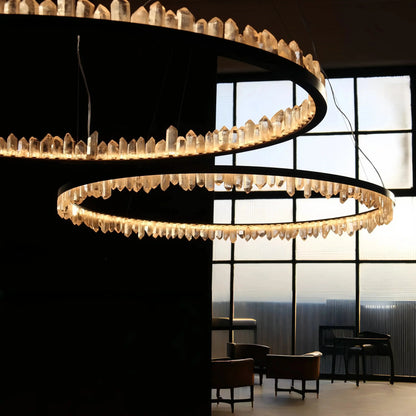 Round Modern Chandelier Brass & Clear Geode Quartz Crystal Hanging Light