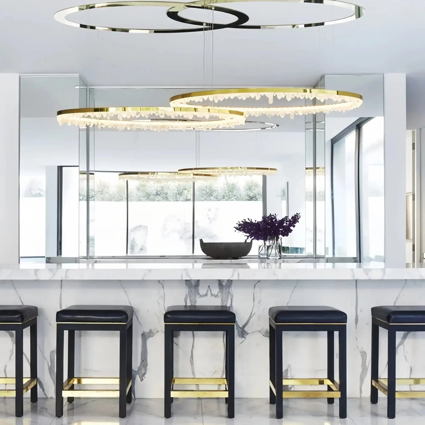 Round Modern Chandelier Brass & Clear Geode Quartz Crystal Hanging Light