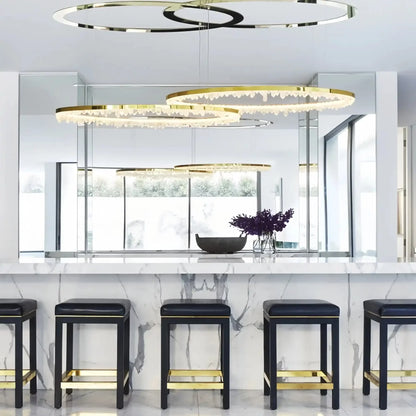 Round Modern Chandelier Brass & Clear Geode Quartz Crystal Hanging Light