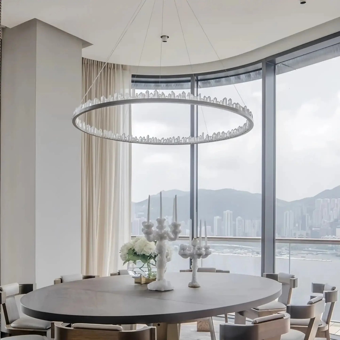 Round Modern Chandelier Brass & Clear Geode Quartz Crystal Hanging Light
