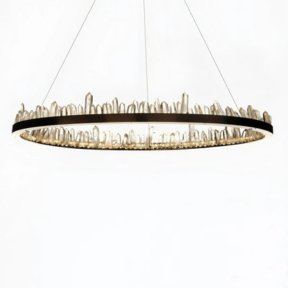 Round Modern Chandelier Brass & Clear Geode Quartz Crystal Hanging Light