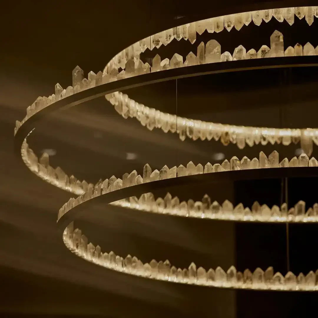 Round Modern Chandelier Brass & Clear Geode Quartz Crystal Hanging Light