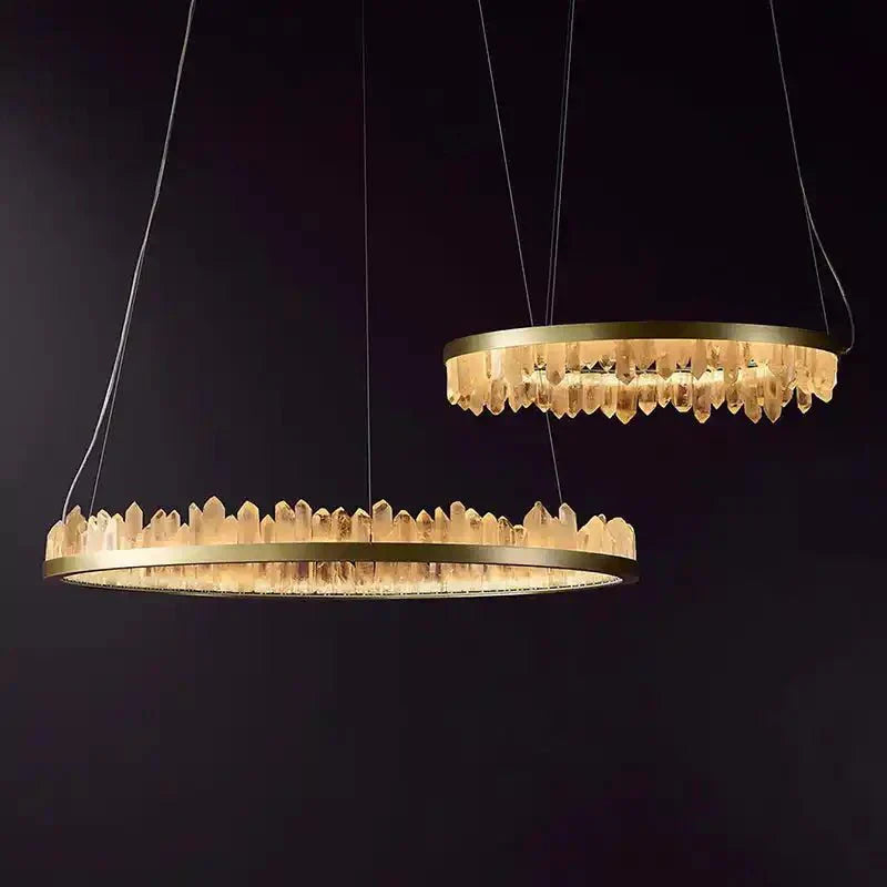 Round Modern Chandelier Brass & Clear Geode Quartz Crystal Hanging Light - A 1 Candle Company