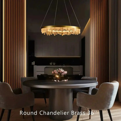Round Modern Chandelier Brass & Clear Geode Quartz Crystal Hanging Light