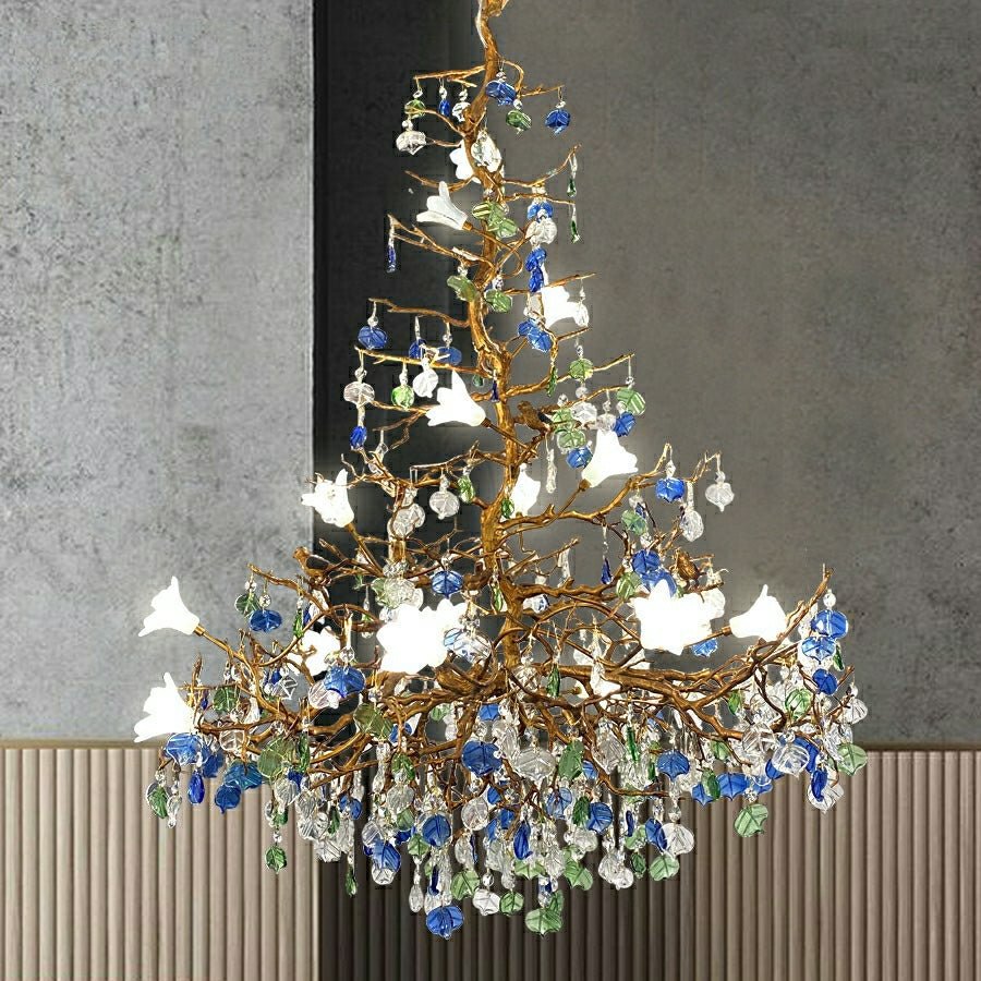 Stylish Colored Glaze Flower Crystal Chandelier Brass Tree Branch Ceiling Light For Living Room Hotel Hall - D35.4"*H43.3"/51kgWarm LightA 1 Candle Company