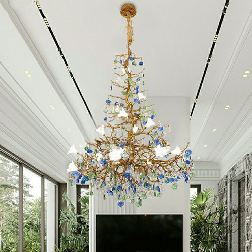 Stylish Colored Glaze Flower Crystal Chandelier Brass Tree Branch Ceiling Light For Living Room Hotel Hall - D35.4"*H43.3"/51kgWarm LightA 1 Candle Company